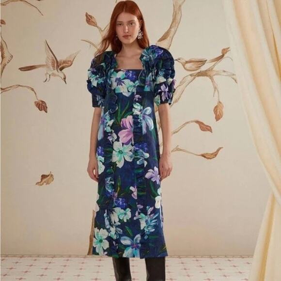 FARM Rio Dresses & Skirts - Farm Rio Maxi Dress Blue Floral Square Neck Puff Sleeve Midi M